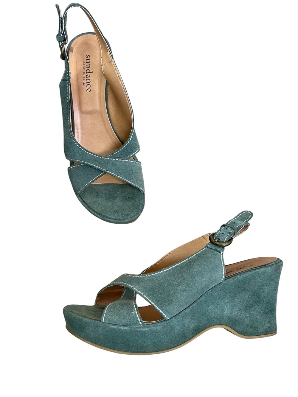 Sundance Aqua Suede Wedge SandalsMade in Italy Size EU 41 US 10